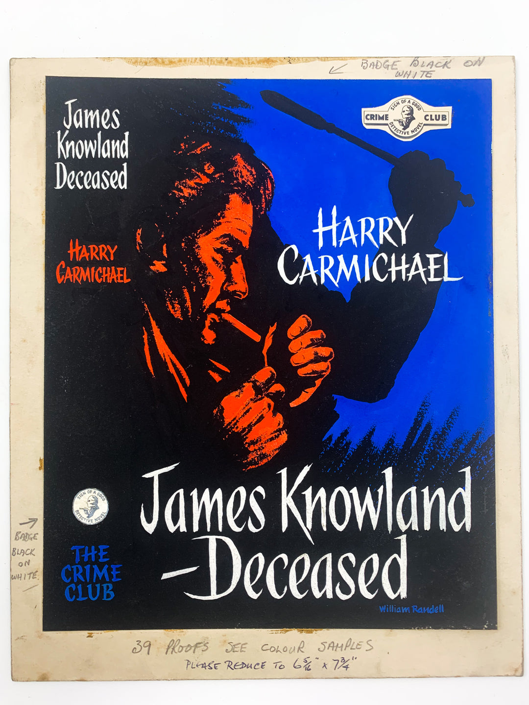 Carmichael, Harry - James Knowland Deceased ( Original Dustwrapper Artwork ) - SIGNED | front cover. Published by Collins ( Crime Club ) in 1957. Unbound In Portfolio. Condition: Fine/n/a