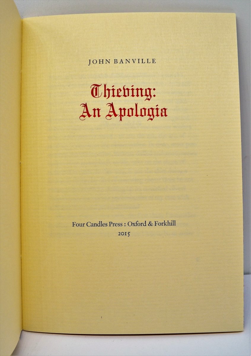 Banville, John - Thieving : An Apologia | front cover. Published by Four Candles Press in 2015. Paperback.  Condition:  Fine/Fine
