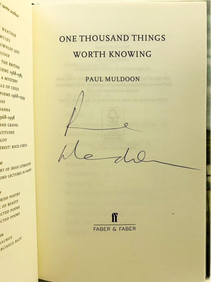 Muldoon, Paul - One Thousand Things Worth Knowing - SIGNED | signature page