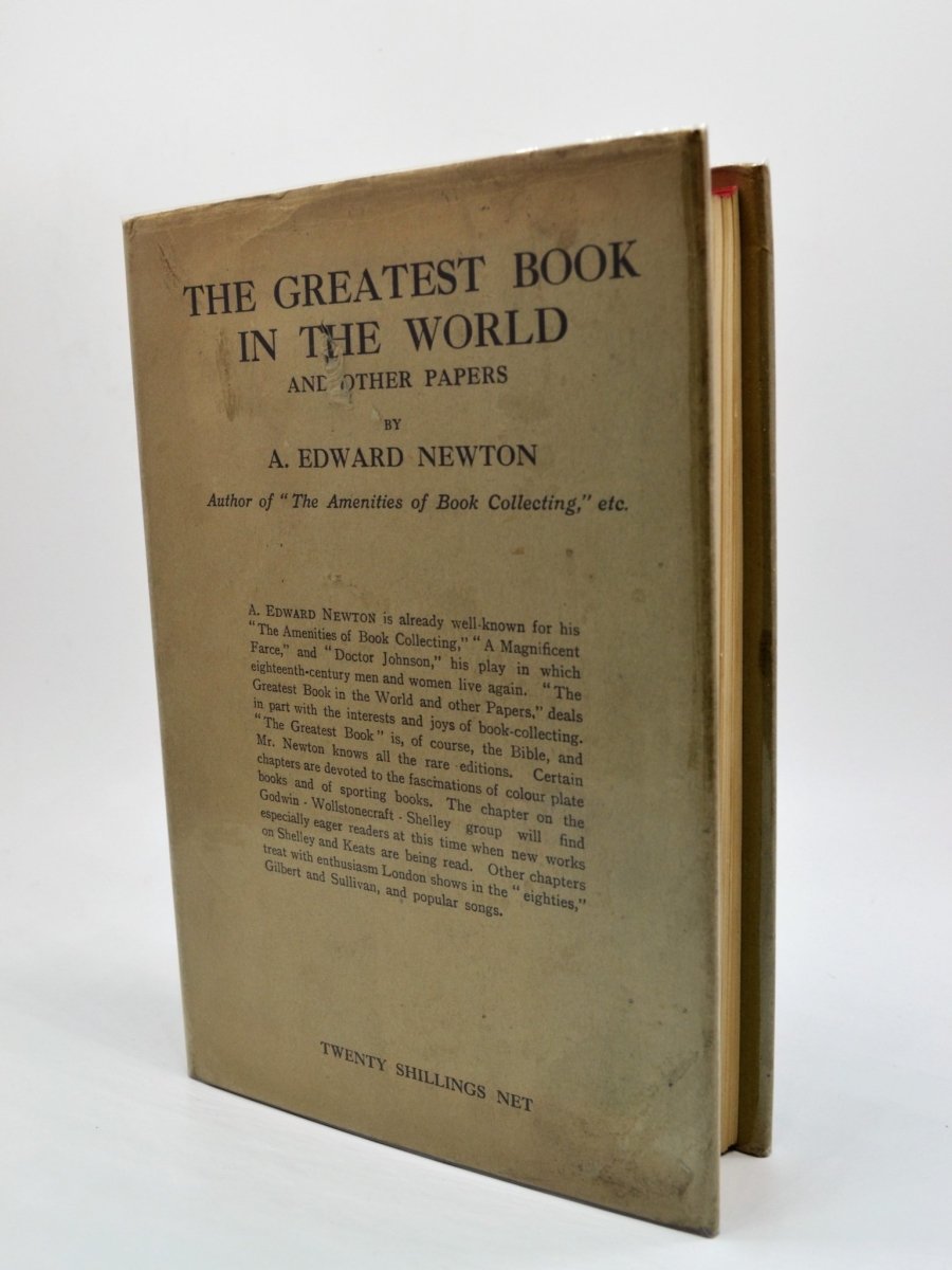 Newton, A Edward - The Greatest Book in the World | front cover. Published by Bodley Head in 1926. Hardcover.  Condition:  Very Good ++/Very Good +
