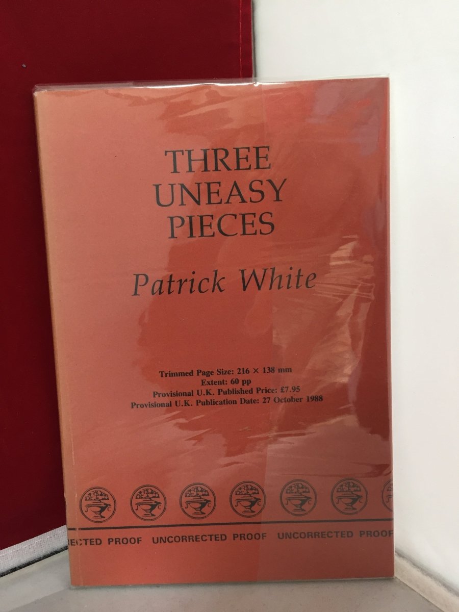White, Patrick - Three Uneasy Pieces | front cover. Published by Jonathan Cape Ltd in 1988. Original Wraps.  Condition:  Very Good ++/No Jacket ( as Issued )
