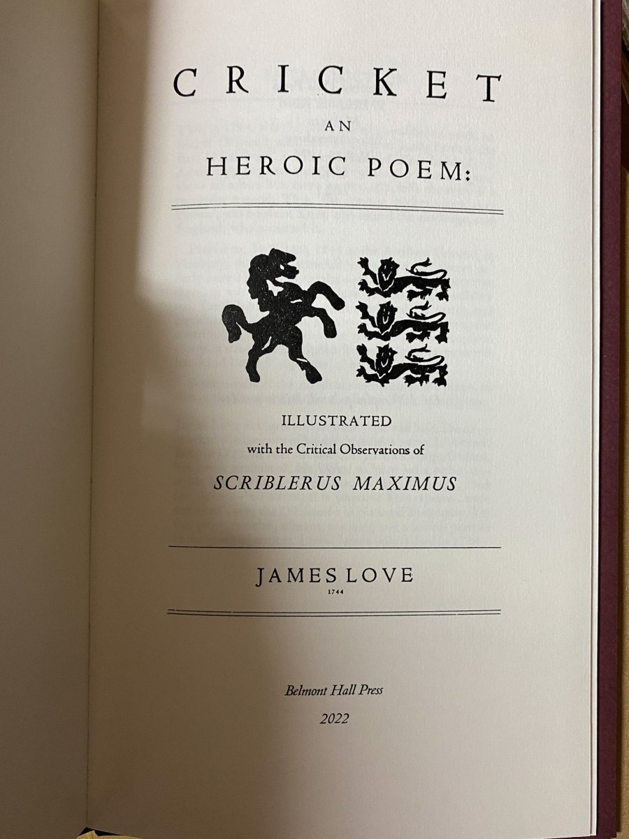 Love, James - Cricket : An Heroic Poem | back of book