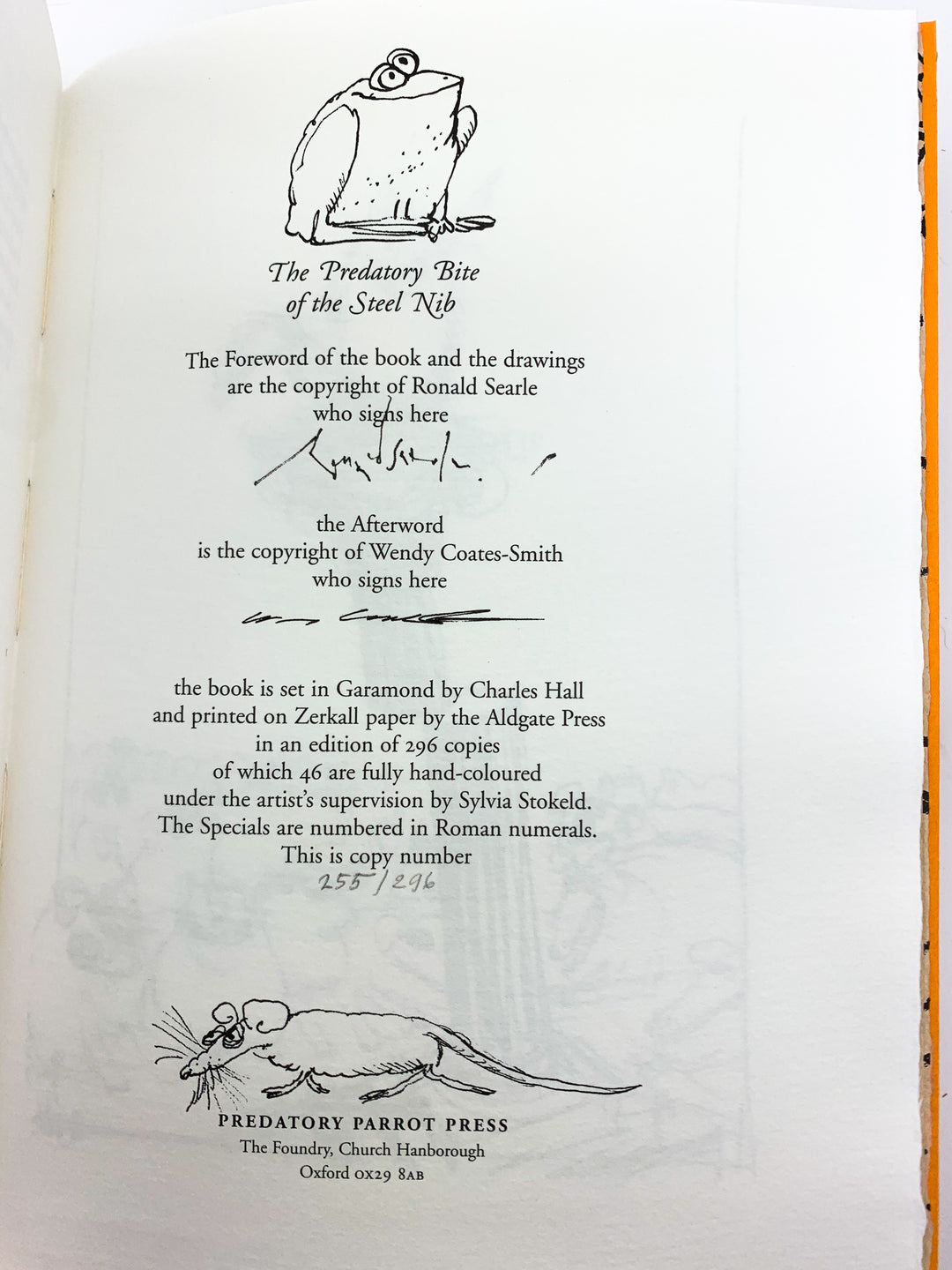 Searle, Ronald - The Predatory Bite of the Steel Nib - The Scrapbook Drawings of Ronald Searle - SIGNED | signature page