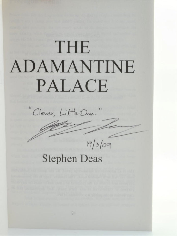 Deas, Stephen - The Adamantine Palace - SIGNED and LINED uncorrected proof copy - SIGNED | signature page