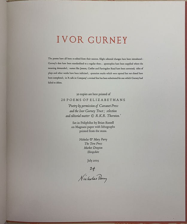 Gurney, Ivor - Twenty Poems of Elizabethans - SIGNED | signature page