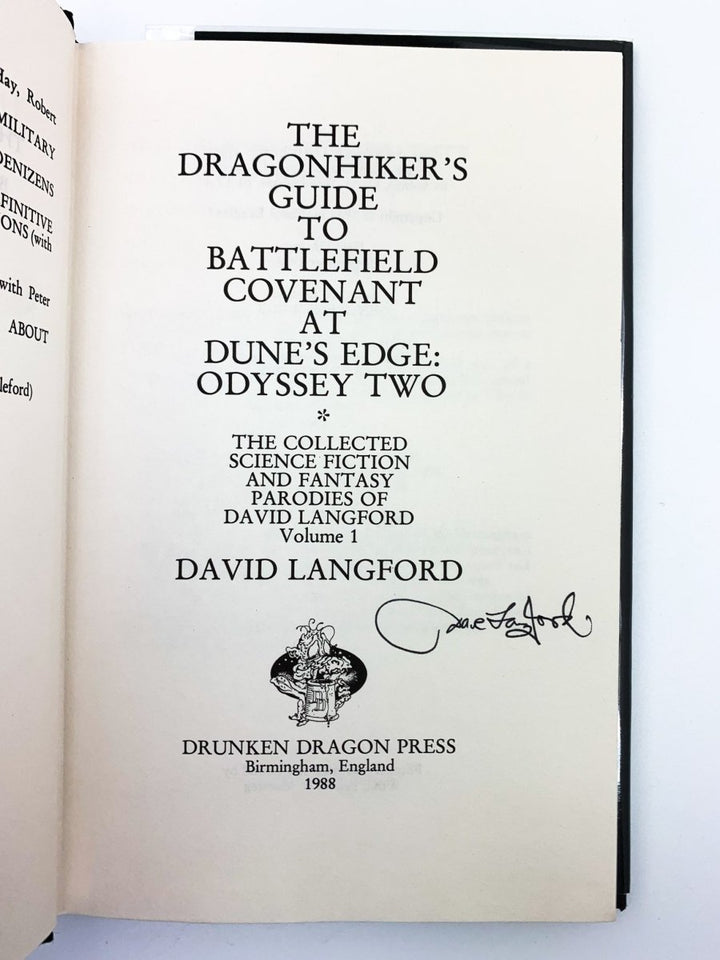 Langford, David - The Dragonhiker's Guide to Battlefield Covenant at Dune's Edge : Odyssey Two - SIGNED | signature page
