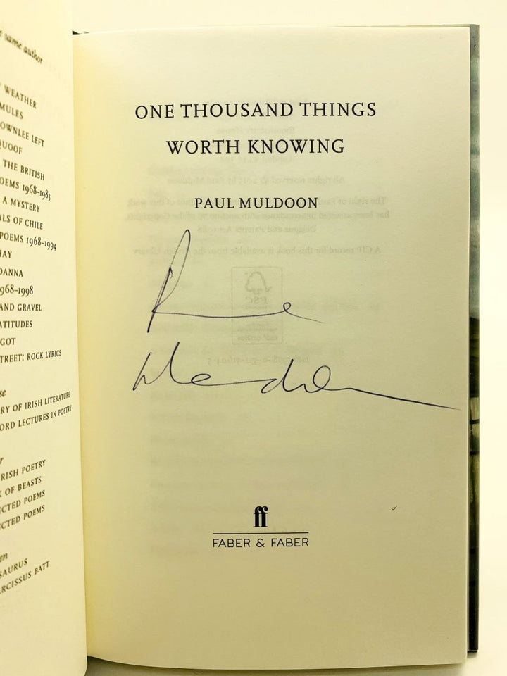 Muldoon, Paul - One Thousand Things Worth Knowing - SIGNED | signature page