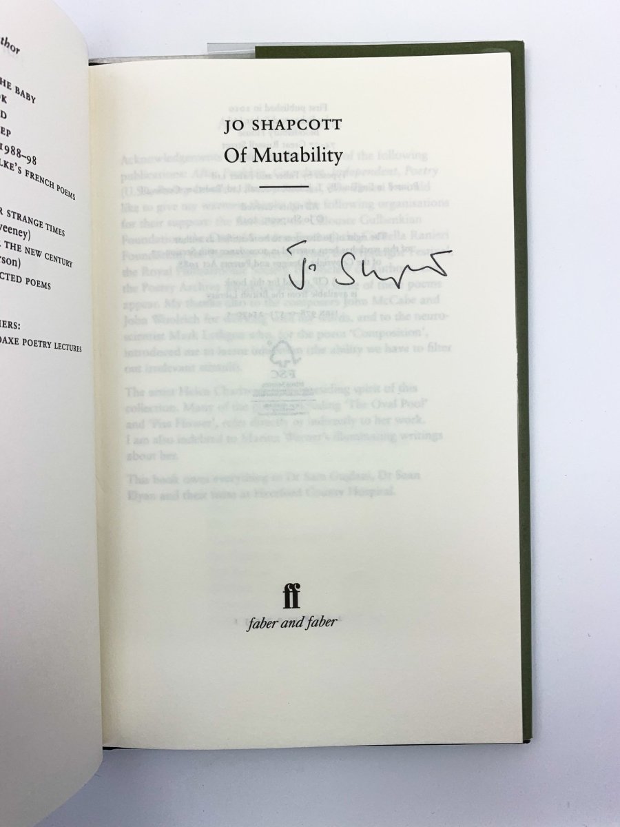 Shapcott, Jo - Of Mutability - SIGNED | signature page
